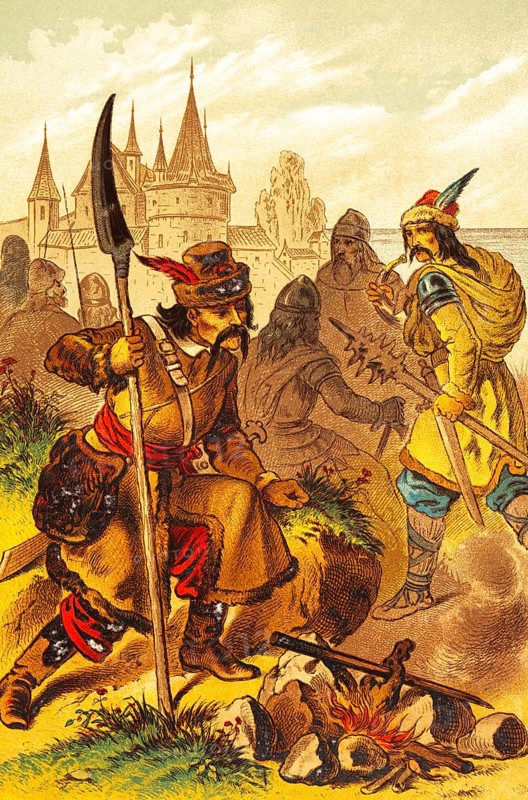 Hussites, ethnic group in Bohemia, fantasy depiction, group, weapons, open fire, castle, medieval, color historical illustration 1888