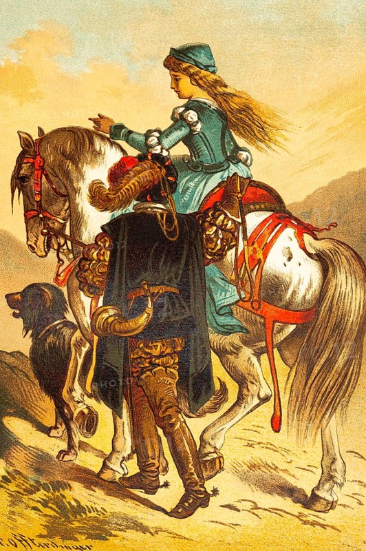 Elegant young woman riding, fairy tale picture, literary genre, valuable bridle, companion, elegant clothing, hat feather, horn, boots with spurs, horse, dog, colorful historical illustration 1888