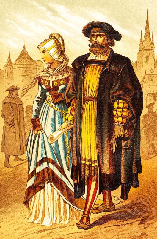Elegant couple at the time of minstrels, man and woman, bourgeoisie, wealth, cloak, cap, roll of paper, walking, high social status, city, church, castle tower, color historical illustration 1888