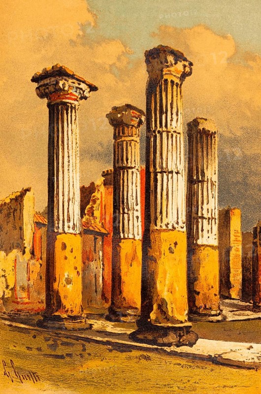 Pompeii or Pompeii, house of colored column capitals, wide column head, Roman building style, color historical illustration 1888