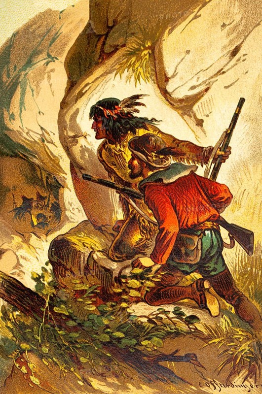In the Peruvian Highlands, fantasy picture, fairy tale characters, fantasy, European man, indigenous with feather decoration, rifle, watching, hiding place, mountains, Andes, Peru, color historical illustration 1888