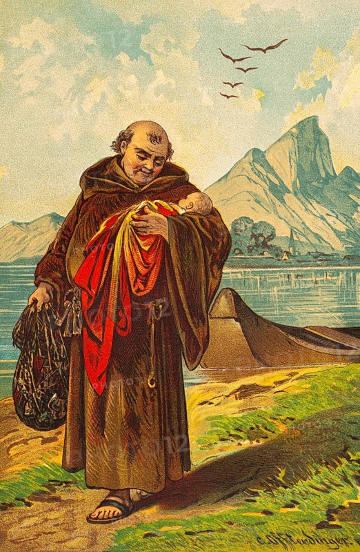 The Foundling of Belchen Lake, fairy tale, priest, monk, robe, sandals, baby, lake, boat, mountain landscape, colorful historical illustration 1888