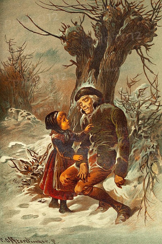 Young girl, 4 to 6 years, saves old man from freezing to death, cold winter, snowy landscape, nature, trees, bushes, exhaustion, death, sleep, wake up, save, social, color historical illustration 1888