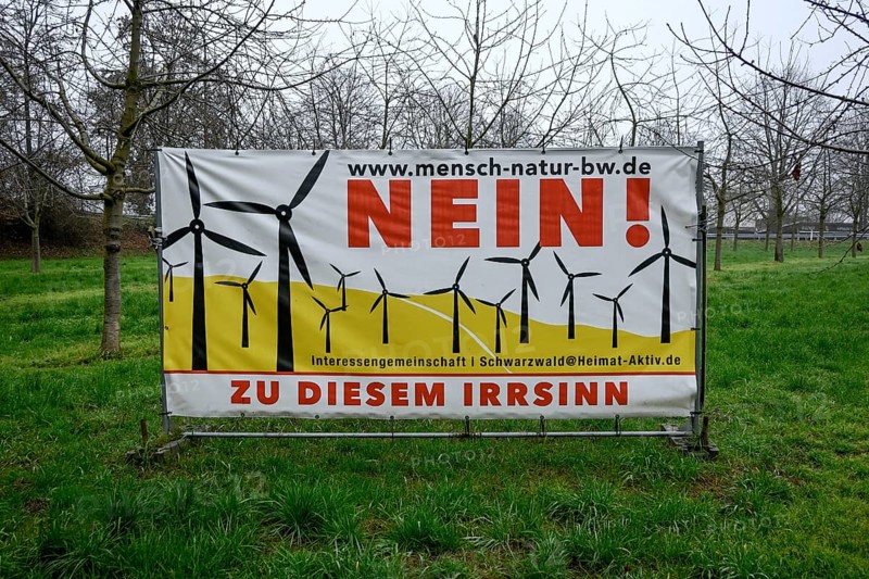 Poster against wind power, wind turbines, wind energy, near Kappelrodeck, Ortenau-Kreis, Baden-Württemberg, Germany