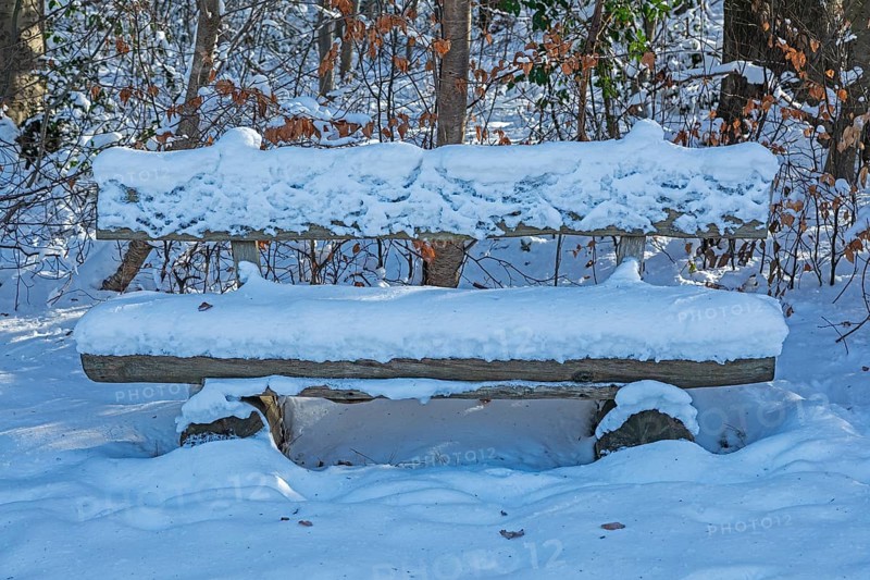 Snowy bench, winter, snow, Sieversen, Samtgemeinde Rosengarten, Lower Saxony, Germany