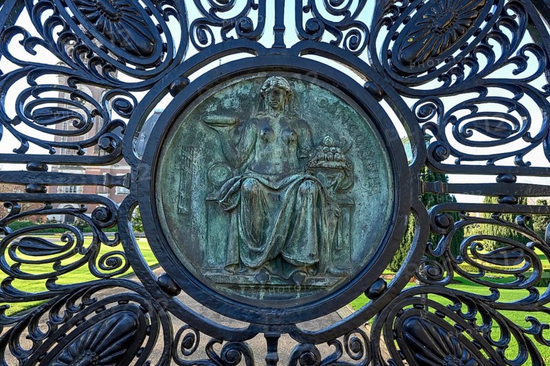 Detail of the Vredespaleis Gate, Peace Palace, The Hague, South Holland Province, Netherlands