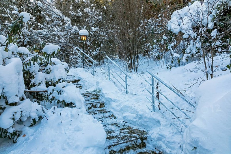 Snowy garden, lamp, stairs, winter, snow, Sieversen, Samtgemeinde Rosengarten, Lower Saxony, Germany
