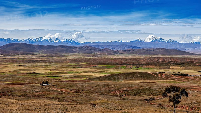Extensive valleys in front of a high mountain range and deep blue sky, the Altiplano landscape in the Andes of Bolivia