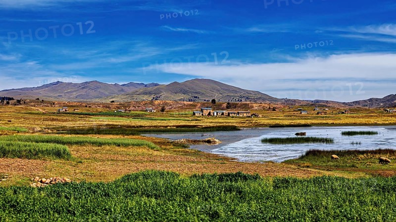 Wide landscape with a lake surrounded by meadows and small villages under a blue sky, The landscape of the Altiplano in the Andes of Bolivia
