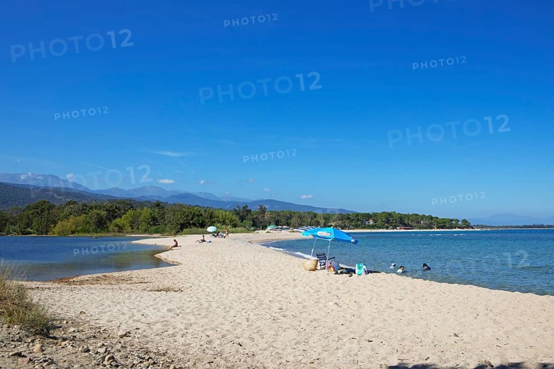 Mediterranean sandy beach in Solenzara, Corse-du-Sud Department, Sartène Arrondissement, Bavella Canton, Alta Rocca Municipal Association, Corsica, France