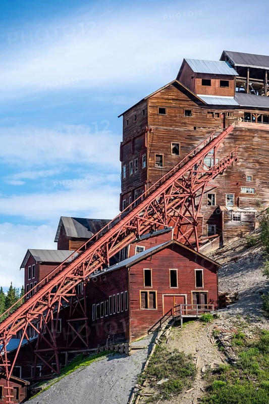 Kennicott Red Buildings, Kennicott Concentration Mill to extract copper from quarried rock, Historic Kennecott Copper Mine, National Historic Landmark, Wrangell St. Elias National Park, Alaska, USA