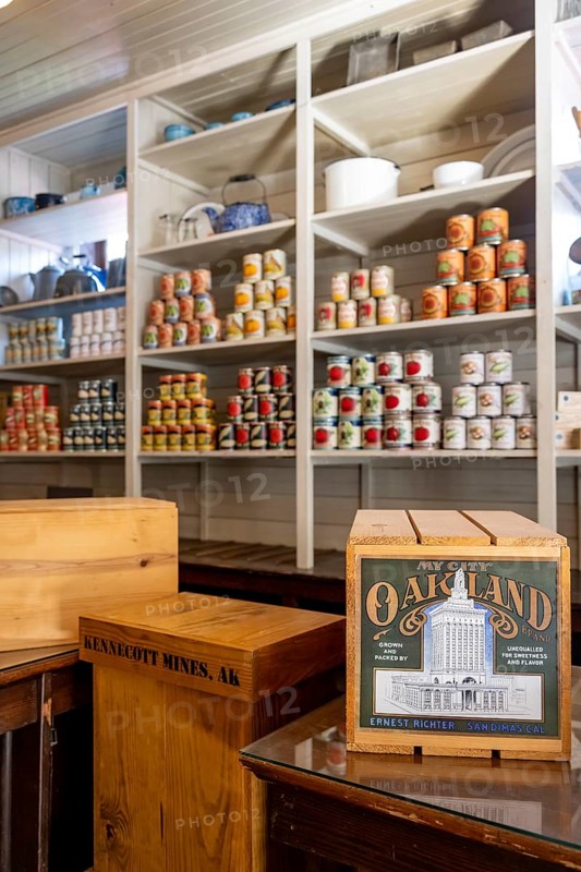 Interior view, historic restored Kennicott shopping store with historic goods display, retro food cans, historic Kennecott copper mine, National Historic Landmark, Wrangell St. Elias National Park, Alaska