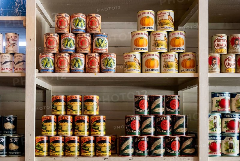 Interior view, historic restored Kennicott shopping store with historic goods display, retro food cans, grocery store, historic Kennecott copper mine, National Historic Landmark, Wrangell St. Elias National Park, Alaska