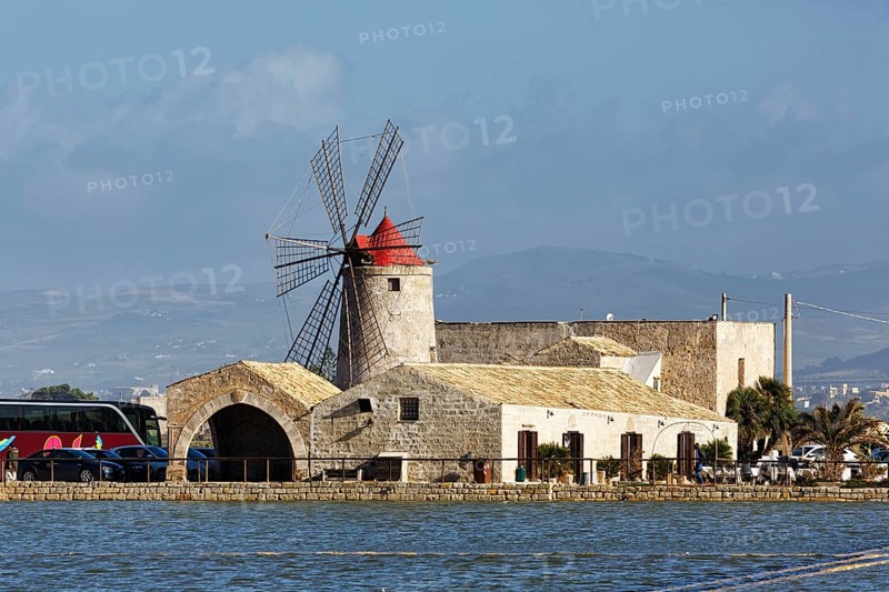Salt museum, traditional windmill, saltworks di Trapani and Paceco nature reserve, traditional salt production, Nubia, Trapani, salt route, Sicily, southern Italy, Italy