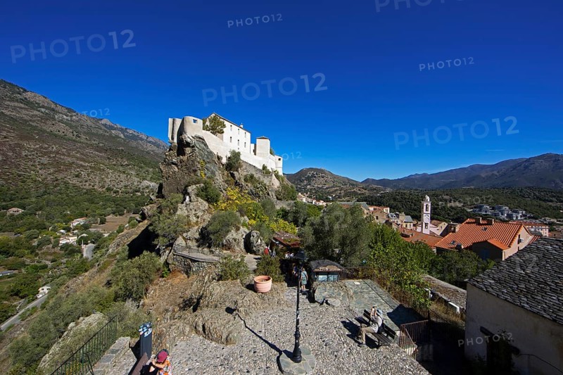 Citadel with the bastion Eagle's Nest, mountain town of Corte, on the right the village of Corte, Haute-Corse, Corsica, Mediterranean, France