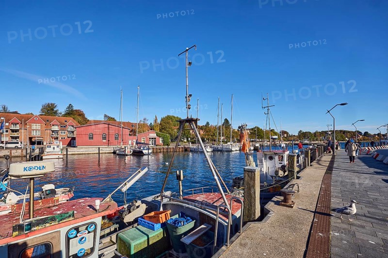 Harbour, harbour basin, wharf, ships, fishing trawlers, sailboats, duckdalves, general architecture, houses, lantern, trees, pedestrians as accessories, blue sky, cirrus clouds, Stegstraße, Eckernförde, Rendsburg-Eckernförde district, Schleswig-Holstein, Germany