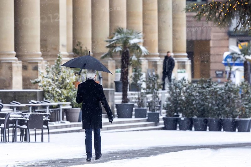 Winter in Stuttgart. There is a closed blanket of snow in the city center. Palm trees and other plants are covered with snow in front of the Königsbau on Schlossplatz. Stuttgart, Baden-Württemberg, Germany