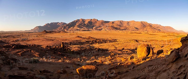 Desert landscape with Brandberg in morning light, at sunrise, Erongo, Damaraland, Namibia