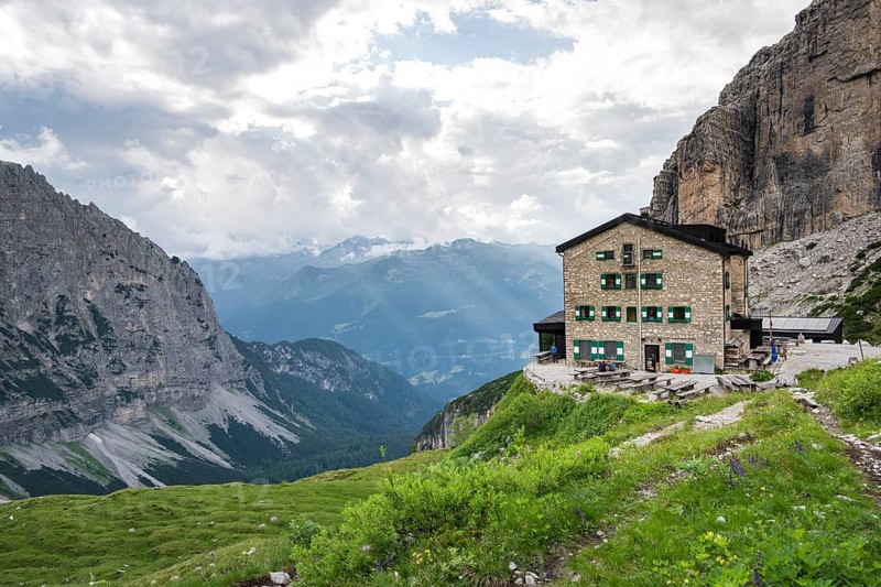 Rifugio Maria E Alberto Ai Brentai mountain hut and rocky peak, Brenta, Trentino, Italy