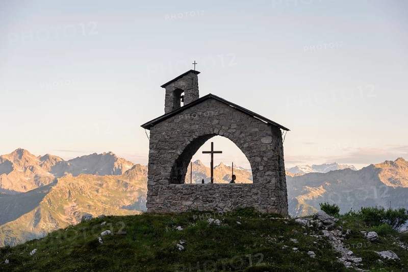 Cappella Ai Brentei Chapel Memorial for injured mountaineers at the Rifugio Ai Brentei mountain hut, picturesque mountain landscape, Brenta, Trentino, Italy