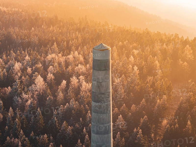 A single wind turbine tower rises above thick trees that glow in the light of the golden hour, far away and quiet, Windkraft Bau, Besenfeld, Seewald, Freudenstadt district, Germany