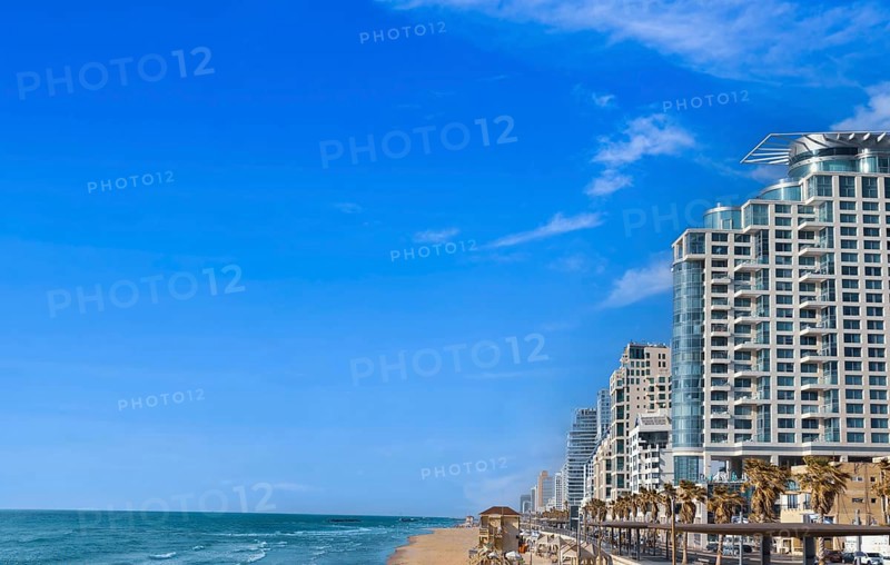 Scenic Israel Tel Aviv coastline seashore promenade with hotels and beaches near Old Jaffa port