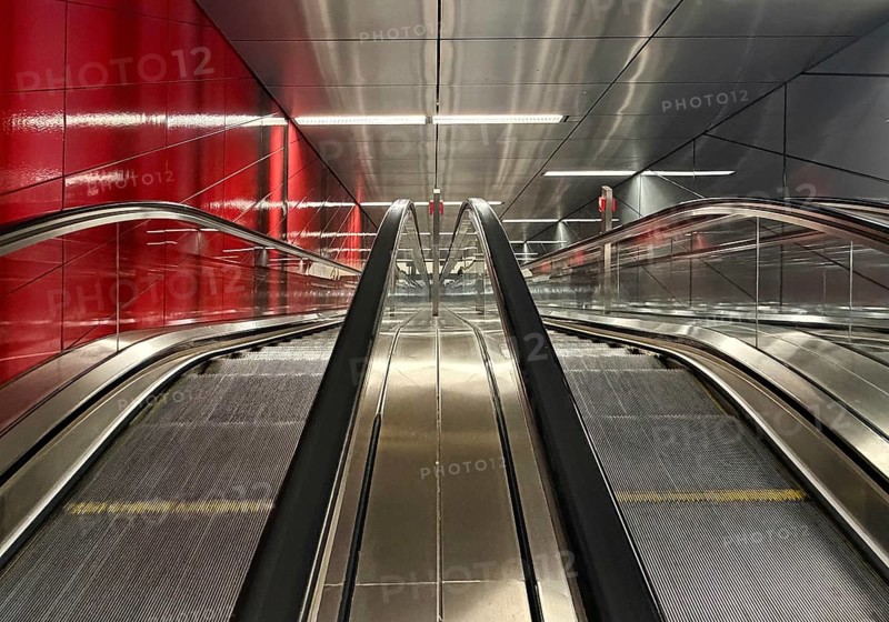 Artwork titled Three Model Spaces by Ralf Brög, escalators at Heinrich-Heine-Allee subway station, Düsseldorf, Germany