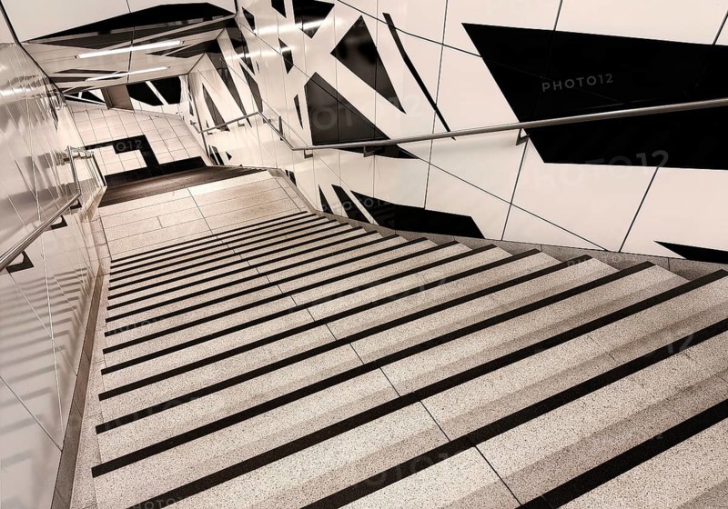 Artwork titled Surround by Heike Klussmann at the Pempelforter Straße subway station, Werhahn Line, Düsseldorf, North Rhine-Westphalia, Germany
