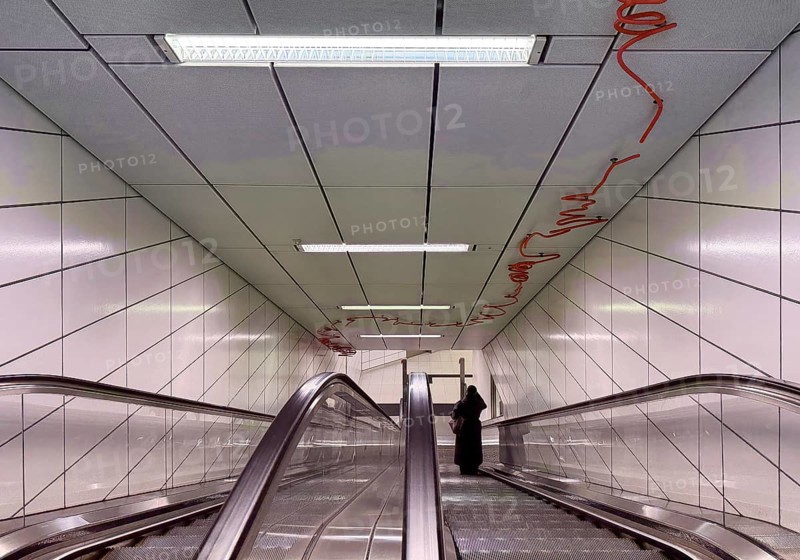 Artwork titled Spur X by Enne Hähnle, escalators of the Kirchplatz subway station, Werhahm line, Düsseldorf, North Rhine-Westphalia, Germany