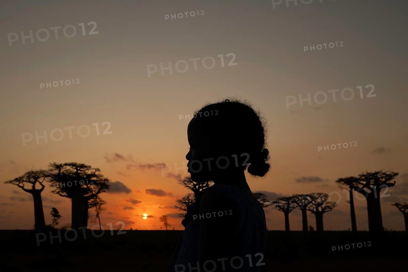 Little girl at sunset in front of a small baobab forest in western Madagascar