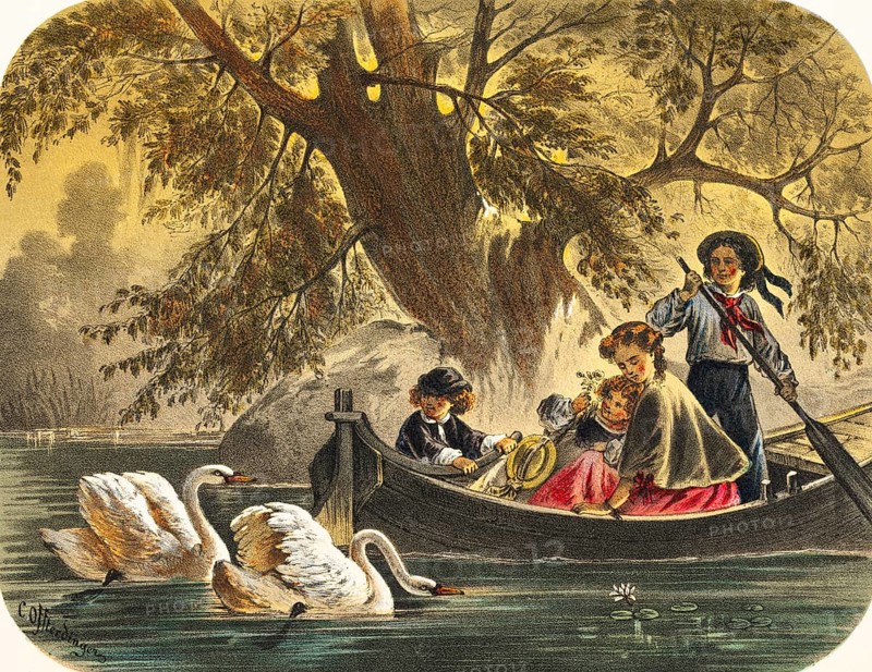 Mother with her two children on a boat trip across a lake, young man rows and steers the boat, girl cuddles with mother, boy steers, satisfaction, two swans swimming next to it, water lilies, thatch on the shore, tree, valuable clothing, prosperity, colored lithography, Germany, historical illustration 1867