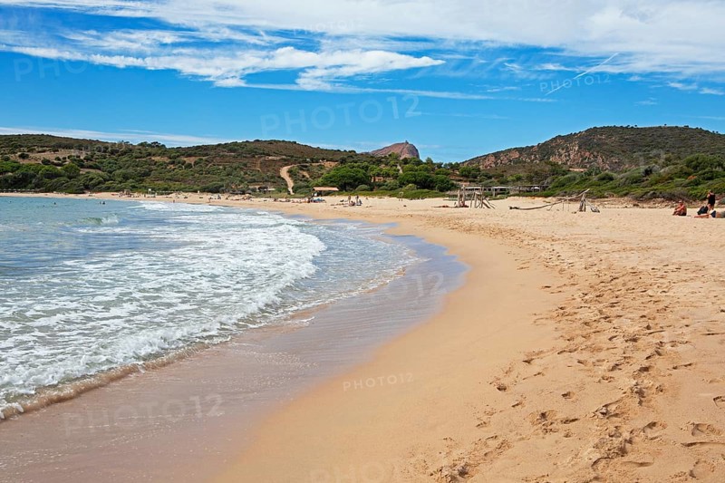 Plage d'Arone sandy beach, Capo Rosso and the Genoese Tower in the back, Piana, Corse-du-Sud department, west coast, Corsica, Mediterranean, France