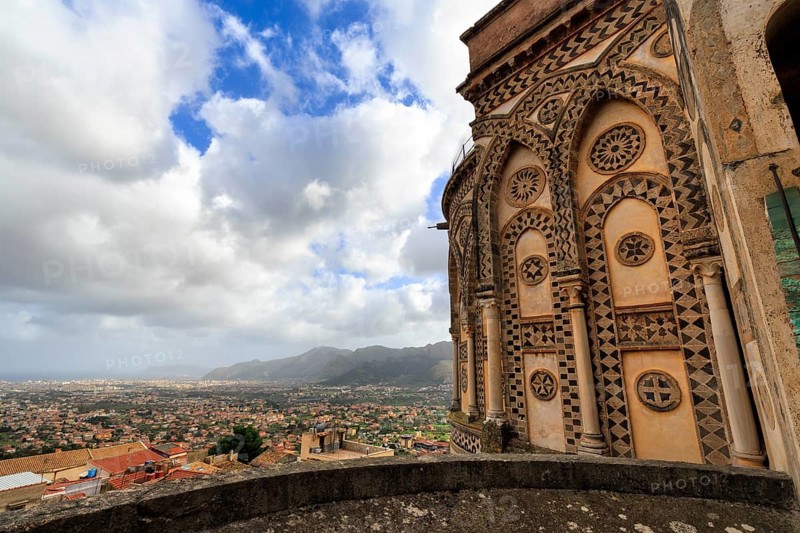 Apse of Monreale Cathedral, Santa Maria Nuova, with a view of the city of Palermo and the surrounding mountains, Monreale, Sicily, southern Italy, Italy