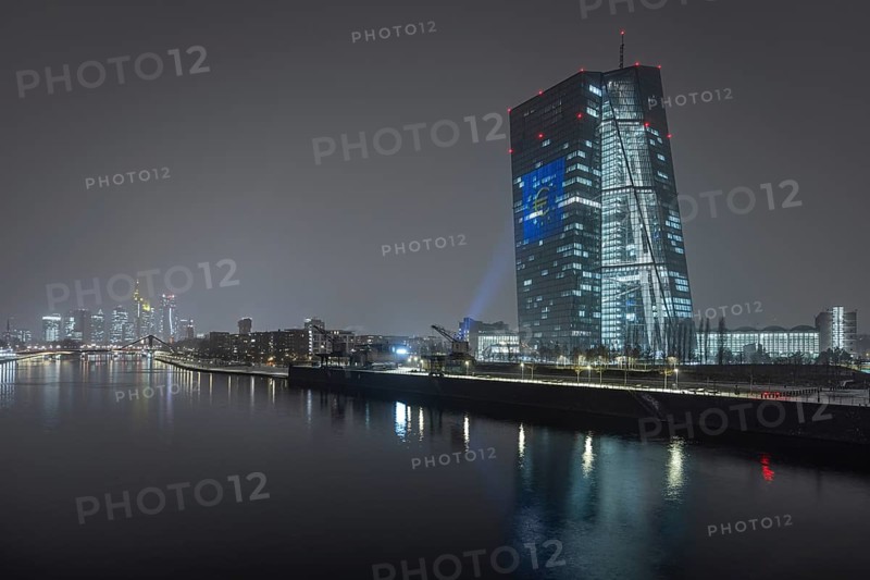 The façade of the European Central Bank (ECB) in Frankfurt am Main will be illuminated with a light show to mark the introduction of the euro in Bulgaria on 1 January 2026, Frankfurt am Main, Hesse, Germany
