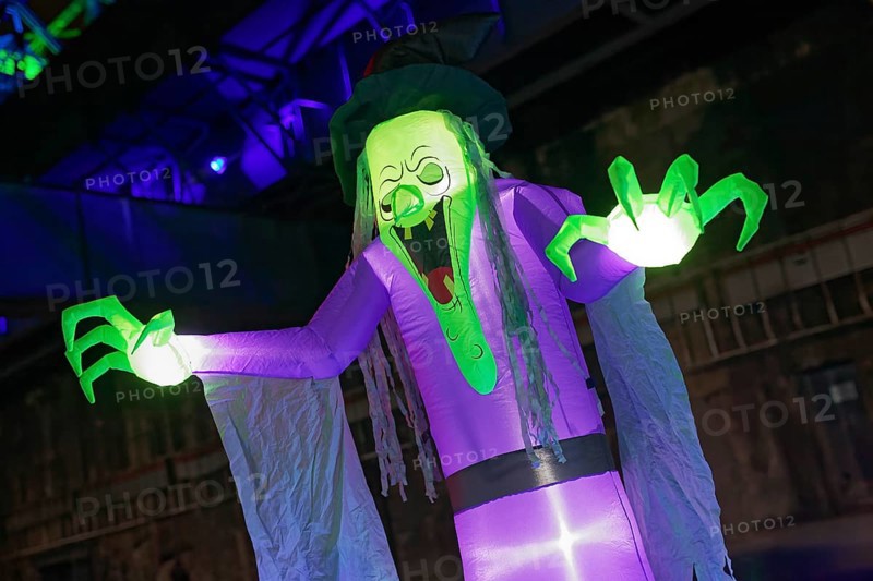 Illuminated scary figure at Halloween Run, night run in the Duisburg-Nord Landscape Park, Duisburg, Germany, North Rhine-Westphalia, Germany