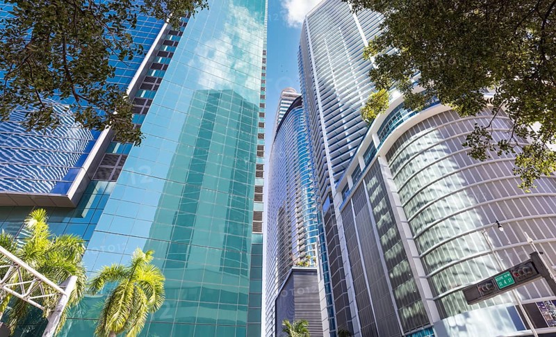 Miami downtown financial skyline and business shopping center near Biscayne bay and South beach