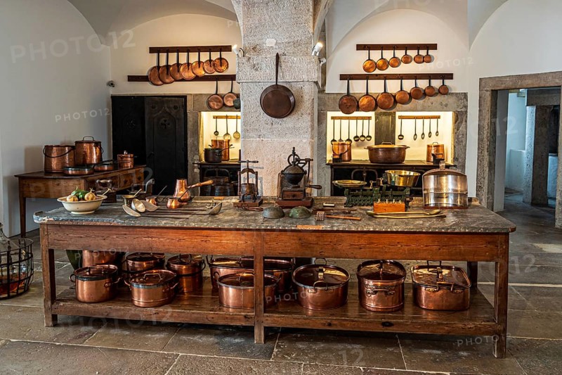 Copper pots and copper pans, kitchen of the palace Palácio Nacional da Pena, Sintra, Portugal