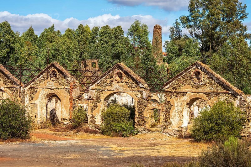 Ruins of former workshop halls, Mina de Sao Domingos, historic copper open-pit mine, Portugal