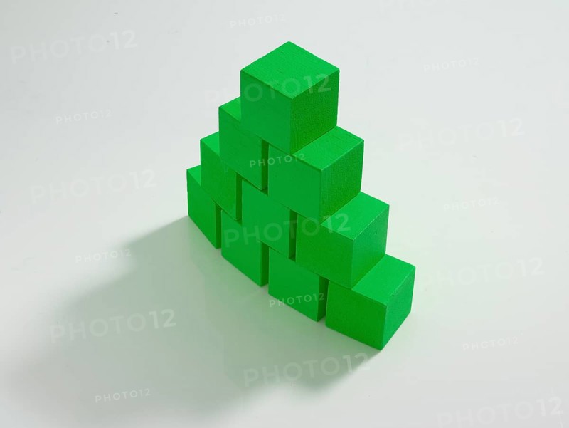 10 green wooden cubes against a white background