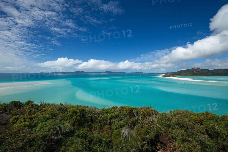 Sunny daytime view from Hill Inlet lookout over Whitehaven Beach, Whitsunday Island, Queensland, Australia