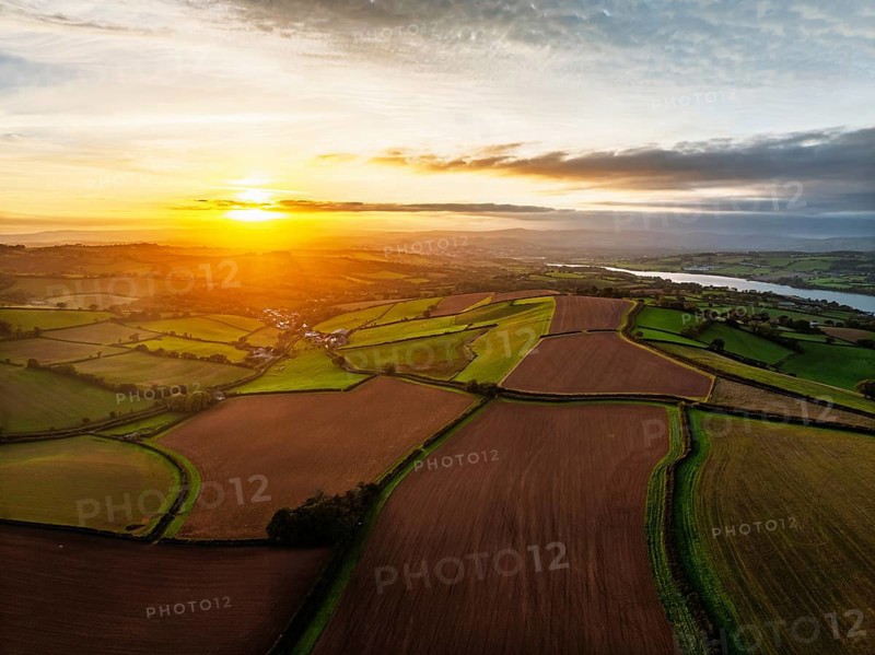Colours of autumn Fields and Farms over Sheldon from a drone, Torbay, Devon, England, United Kingdom