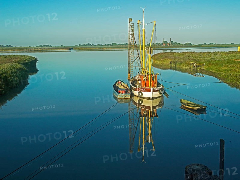 Emsfischereiboot, cutter, Diana, river, Ems, dammed up, flood, morning light, Terborg, East Frisia, Germany