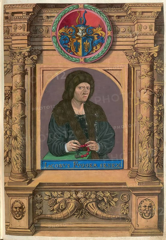 Members of the famous Augsburg Fugger family, Jakob Fugger the Rich (1459 to 1525), authentic reproduction from Fuggerorum et Fuggerarum imagines, a collection of coloured engravings made in the late 16th and early 17th centuries by Dominicus Custos, historical