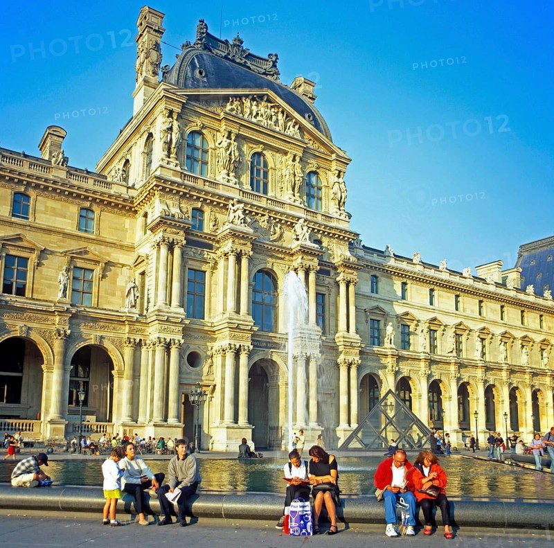 Entrance area, people, fountain, Louvre, Paris, France, September 1998, vintage, retro, old, historic