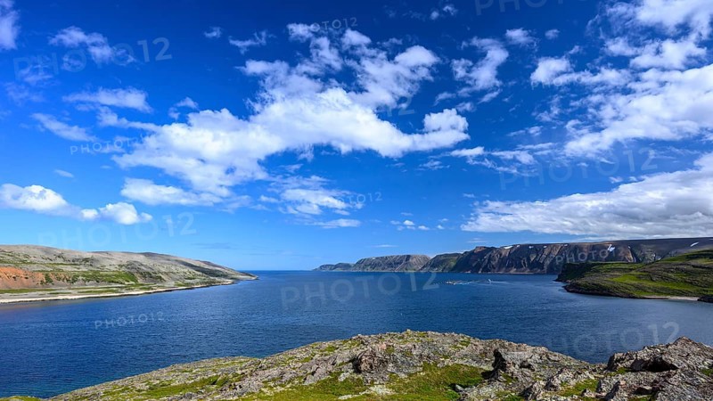 Green meadows on the banks of Syltefjord with clouds in the blue sky, landscape with a lake and green meadows under a cloudy sky, Nordfjord, Båtsfjord, Finnmark, Norway