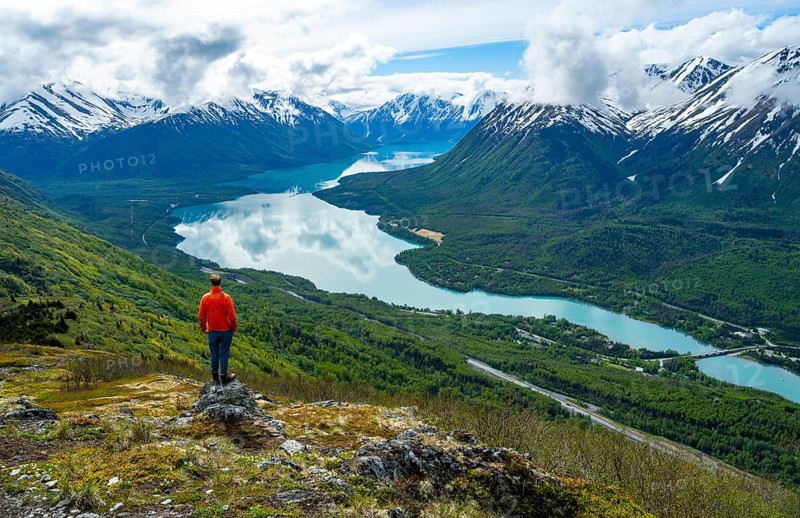Climber enjoying the view, Slaughter Ridge Trail, view of snowy mountains and turquoise blue Kenai Lake, Cooper Landing, Kenai Peninsula, Alaska, USA