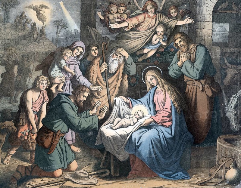 Scene from the biblical story, The Birth of Jesus, authentic reproduction of a school mural, historical, around 1900