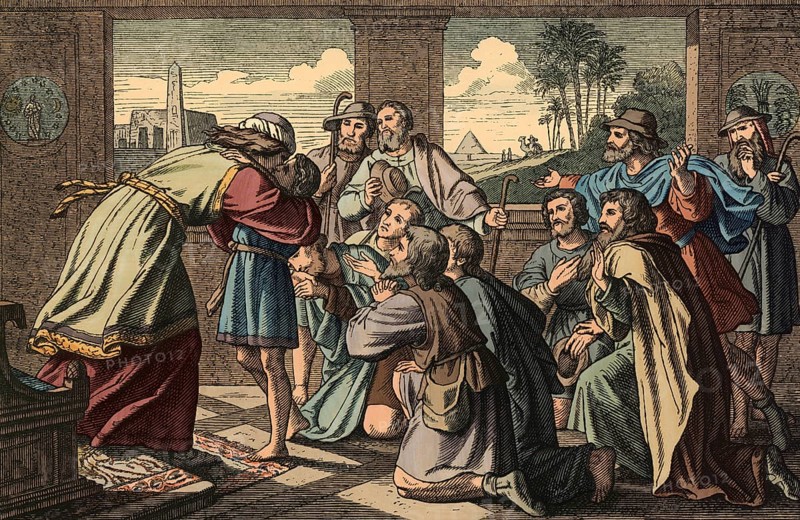 Scene from the biblical story, Joseph reveals himself to his brothers, authentic reproduction of a school mural, historical, around 1900