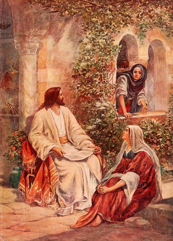 Scene from the biblical story, Mary and Martha, two sisters from Bethany who were close friends with Jesus, authentic reproduction of a school wall painting, historical, around 1900