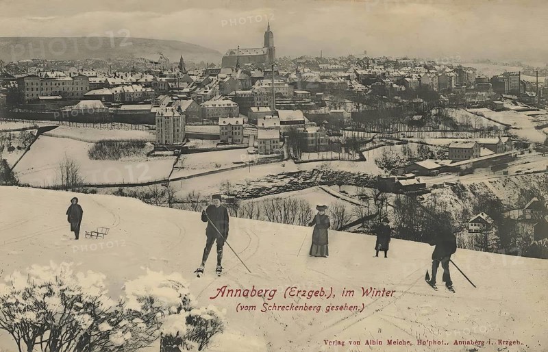 Annaberg in the Ore Mountains in winter, Saxony, town in the Ore Mountains, Erzgebirgskreis, postcard, view around 1900 - 1910, historical, digital reproduction of a historical postcard, authentic, public domain, from that time, exact date unknown